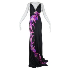 Alexander McQueen 2007 Black Silk Orchid Print Gown with Train