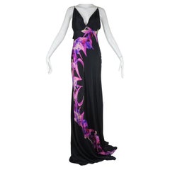 Alexander McQueen 2007 Schwarzes Seidenkleid mit Orchideenmuster und Schleppe