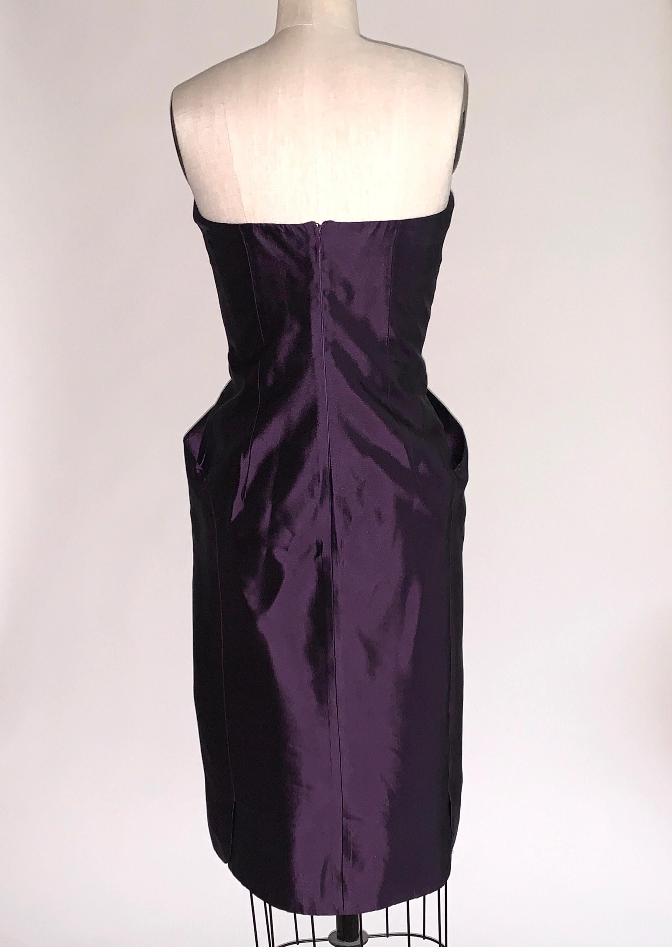 Black Alexander McQueen 2007 Purple Silk Sculptural Hip Pocket Detail Strapless Dress 