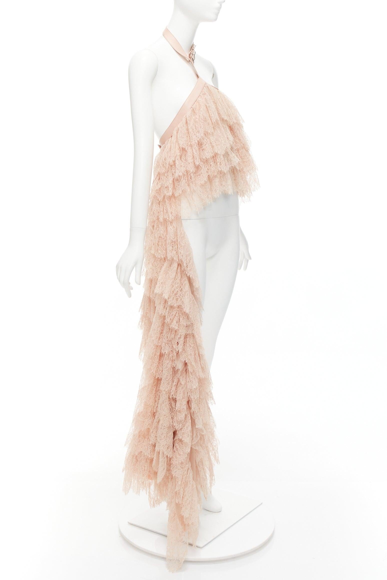 ALEXANDER MCQUEEN 2007 Runway pink lace leather cascade drape ruffle top IT38 XS In New Condition For Sale In Hong Kong, NT