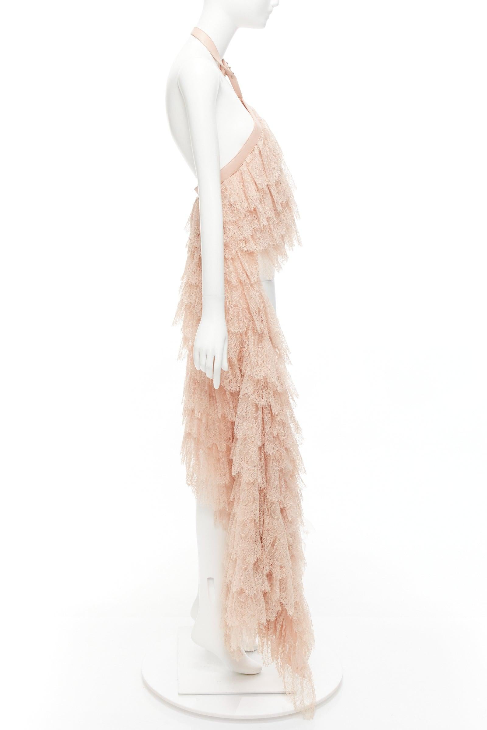 Women's ALEXANDER MCQUEEN 2007 Runway pink lace leather cascade drape ruffle top IT38 XS For Sale