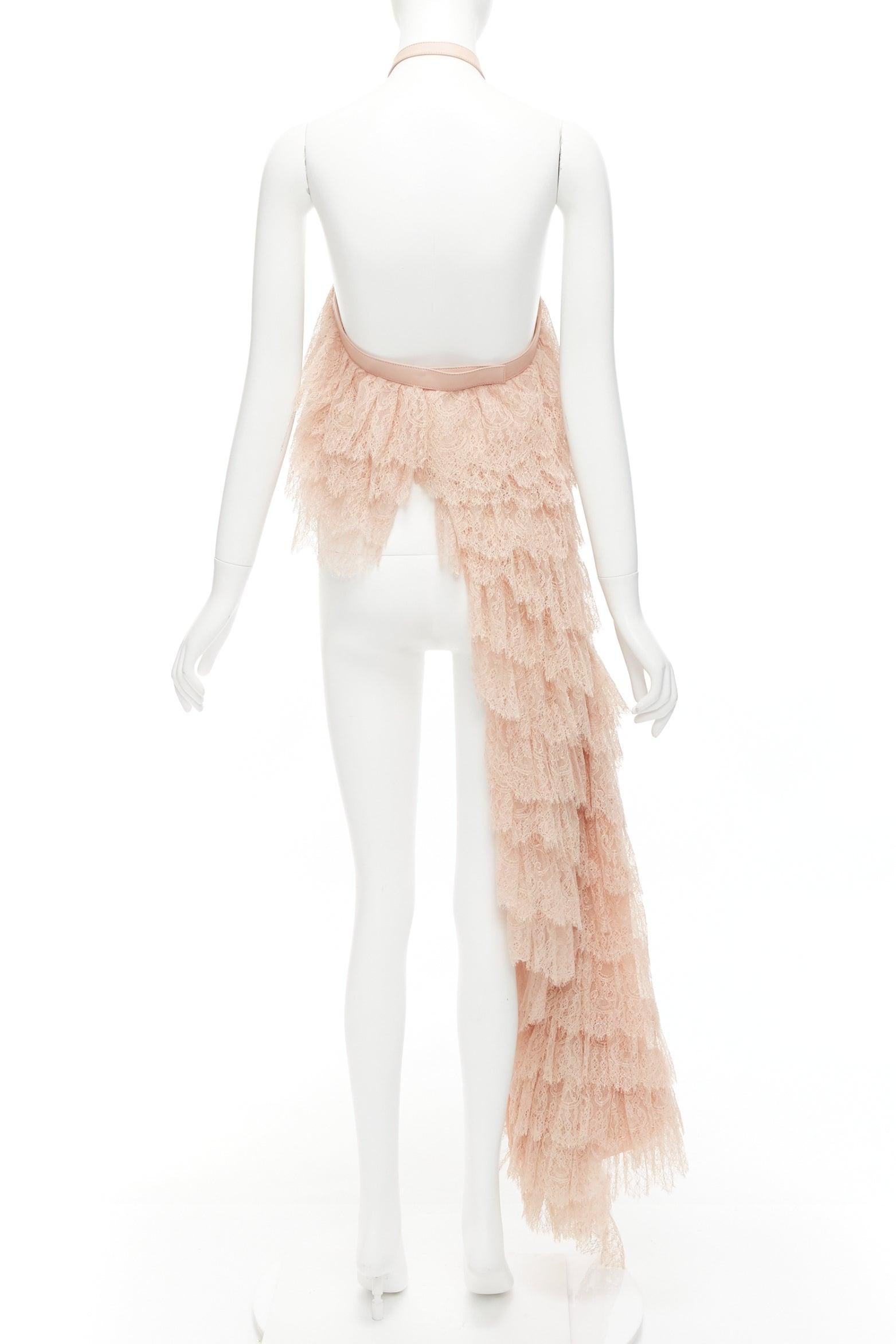ALEXANDER MCQUEEN 2007 Runway rose dentelle cuir cascade drapé top à volants IT38 XS Pour femmes en vente
