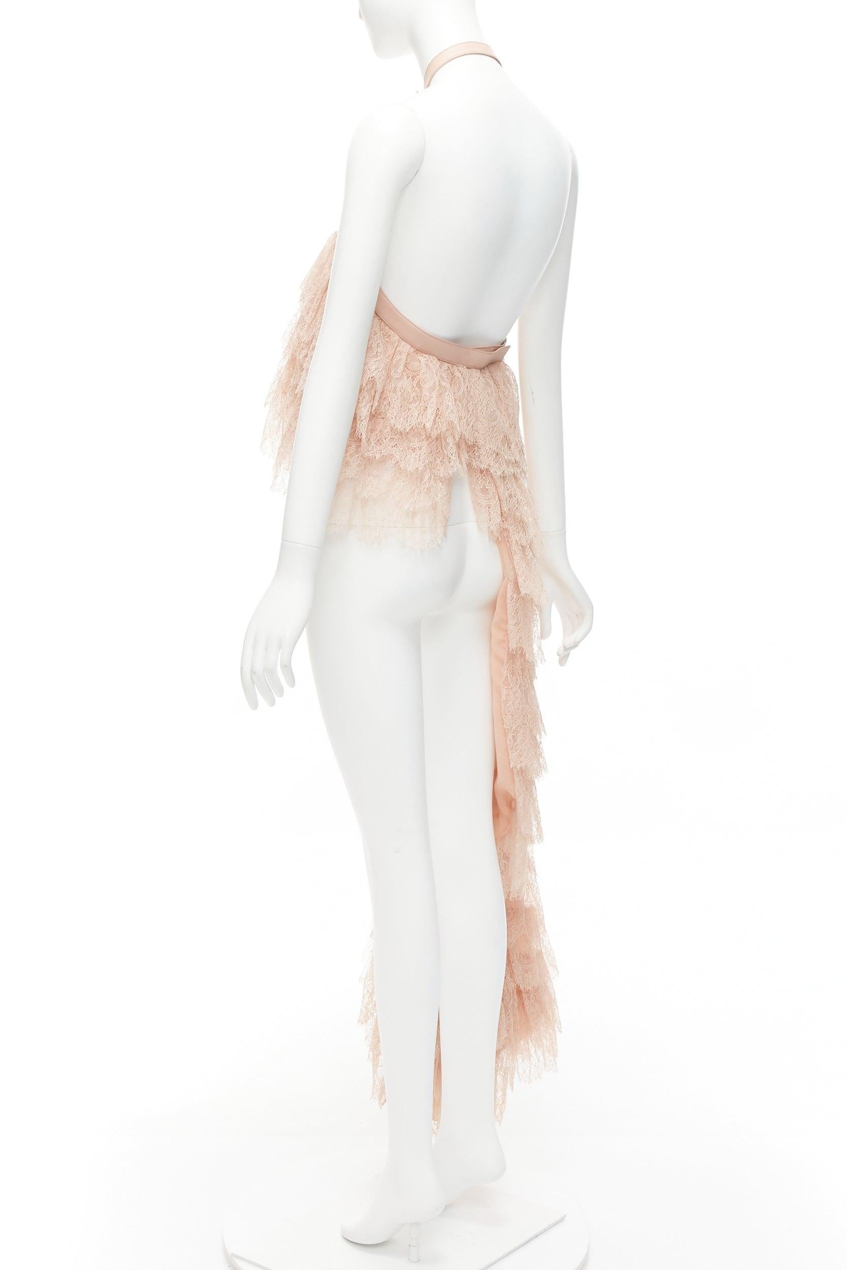 ALEXANDER MCQUEEN 2007 Runway rose dentelle cuir cascade drapé top à volants IT38 XS en vente 1