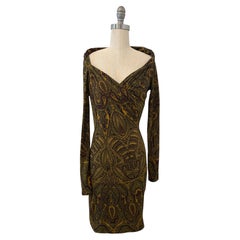 Alexander McQueen 2008 Green and Gold Paisley Jersey Long Sleeve Dress
