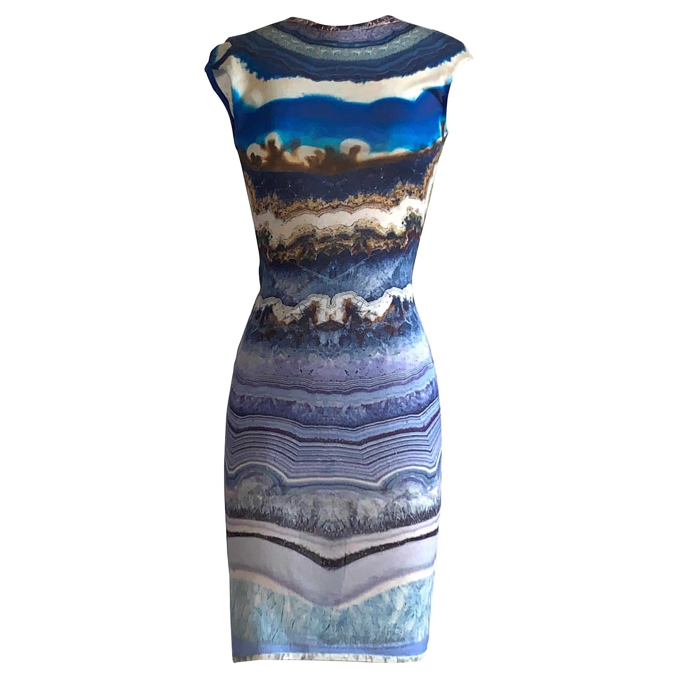 Alexander McQueen 2009 Blue and White Agate Print Fitted Knit Dress