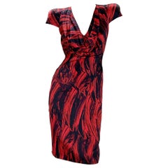 Alexander McQueen 2009 Collection Silk Feather Print Red Black Dress It 42  US 6
