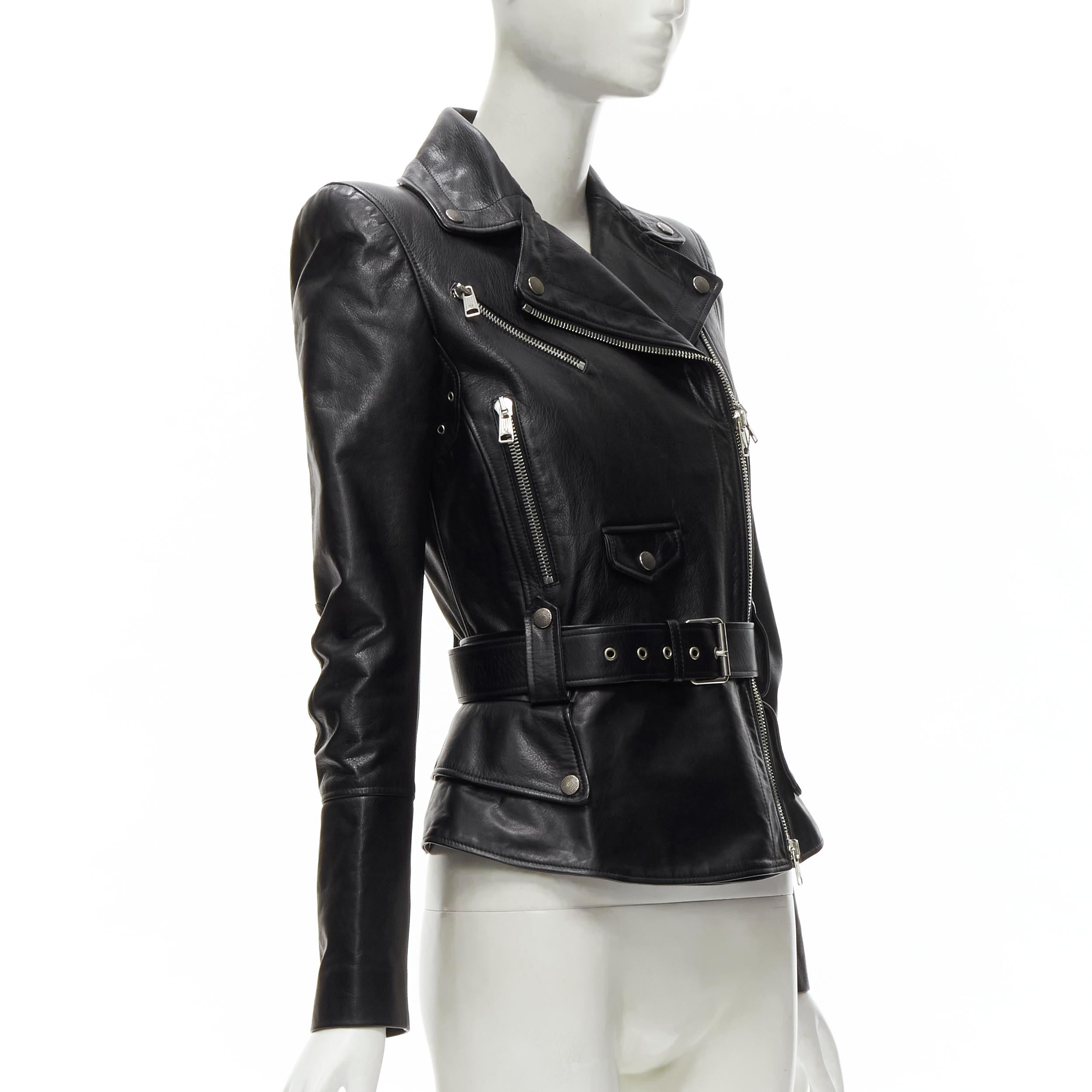 ALEXANDER MCQUEEN 2010 - Veste motard peplum en cuir noir avec ceinture IT38 XS Neuf - En vente à Hong Kong, NT