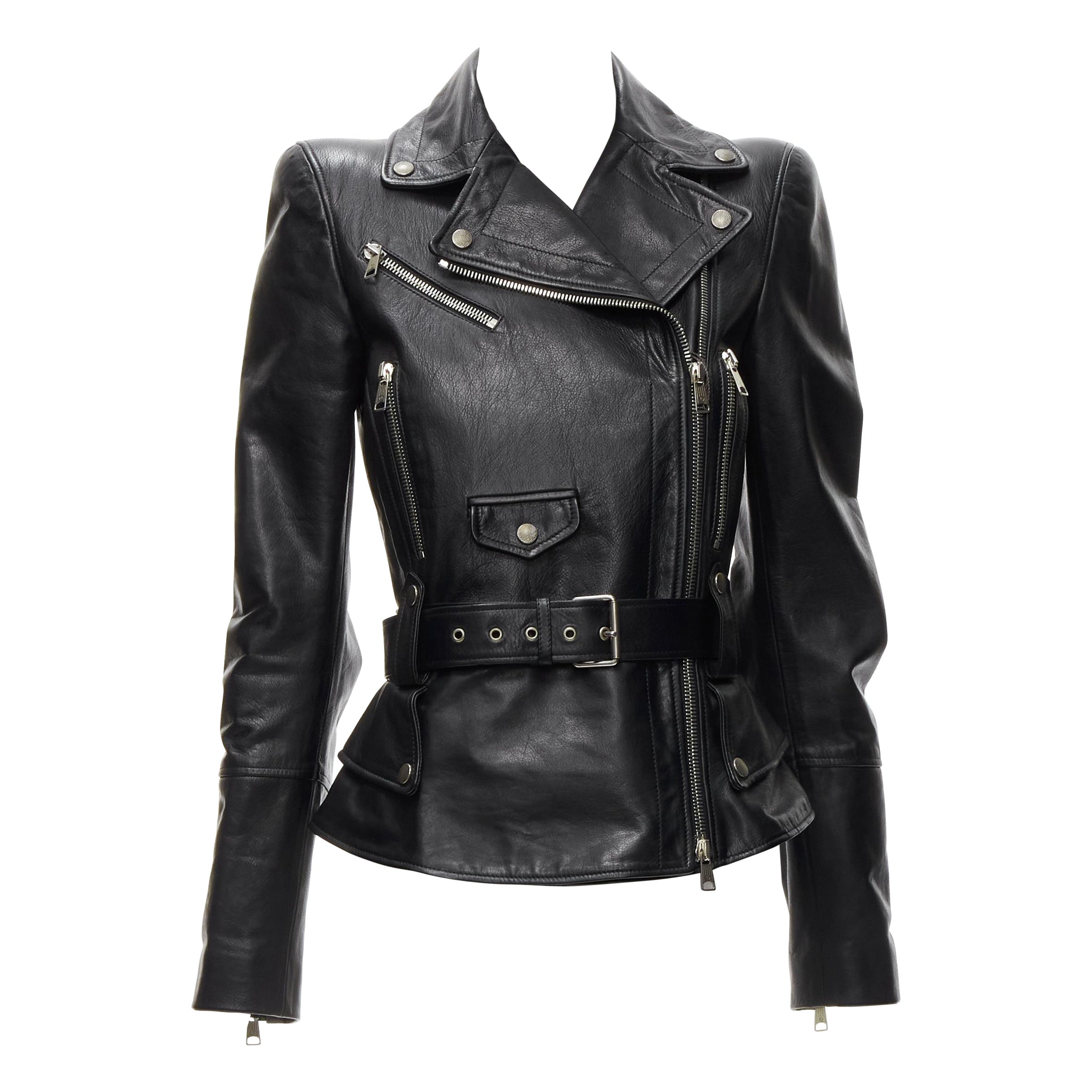 ALEXANDER MCQUEEN 2010 black leather belted peplum biker jacket IT38 XS