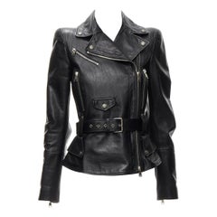ALEXANDER MCQUEEN 2010 black leather belted peplum biker jacket IT38 XS
