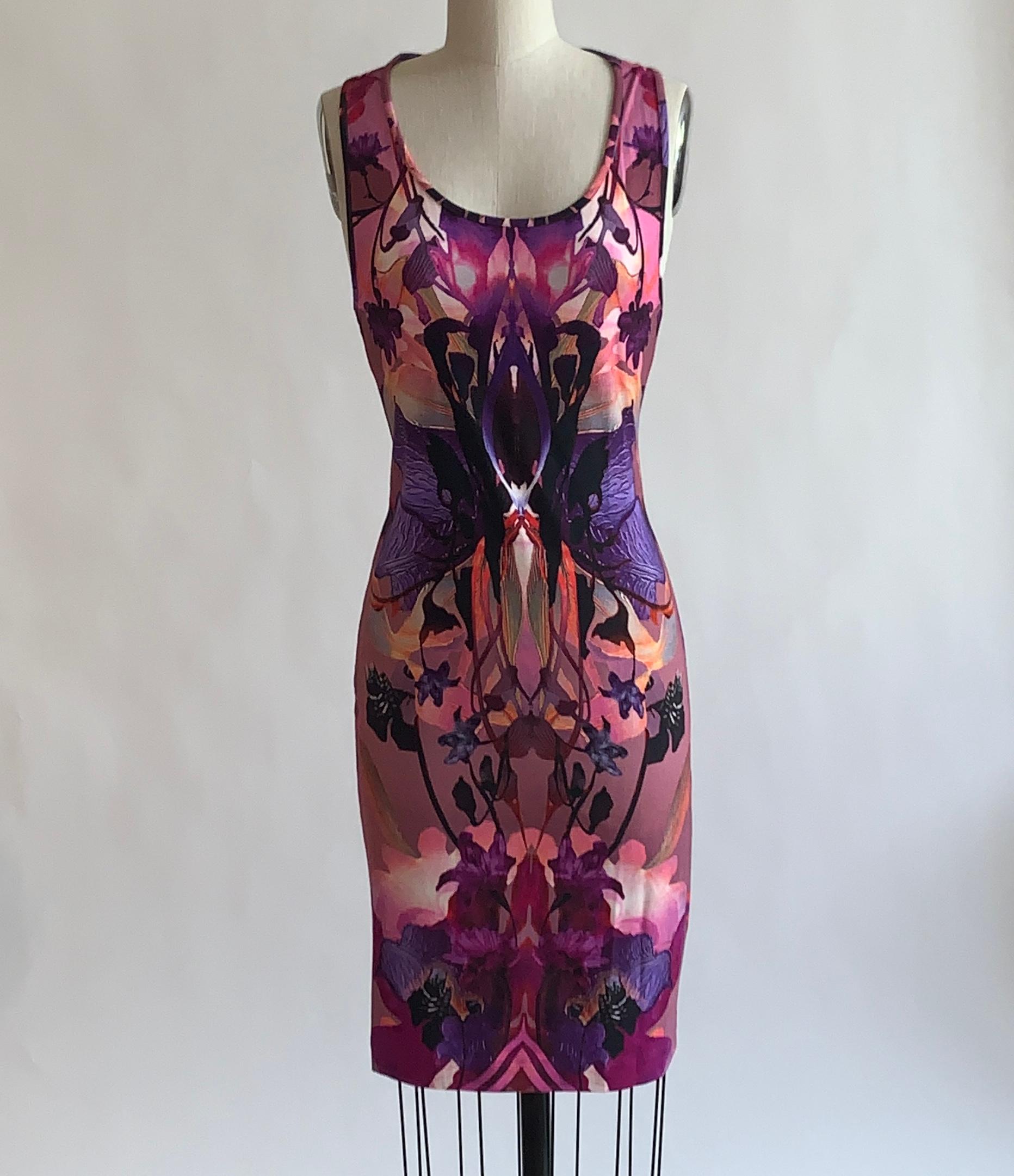 Alexander Mcqueen 2010 pink and purple orchid and floral digital print dress in super soft jersey. Sleeveless with racerback. Pull on, no closure. Content labels indicate that this was a sample/special project, we're not sure if the style ever made