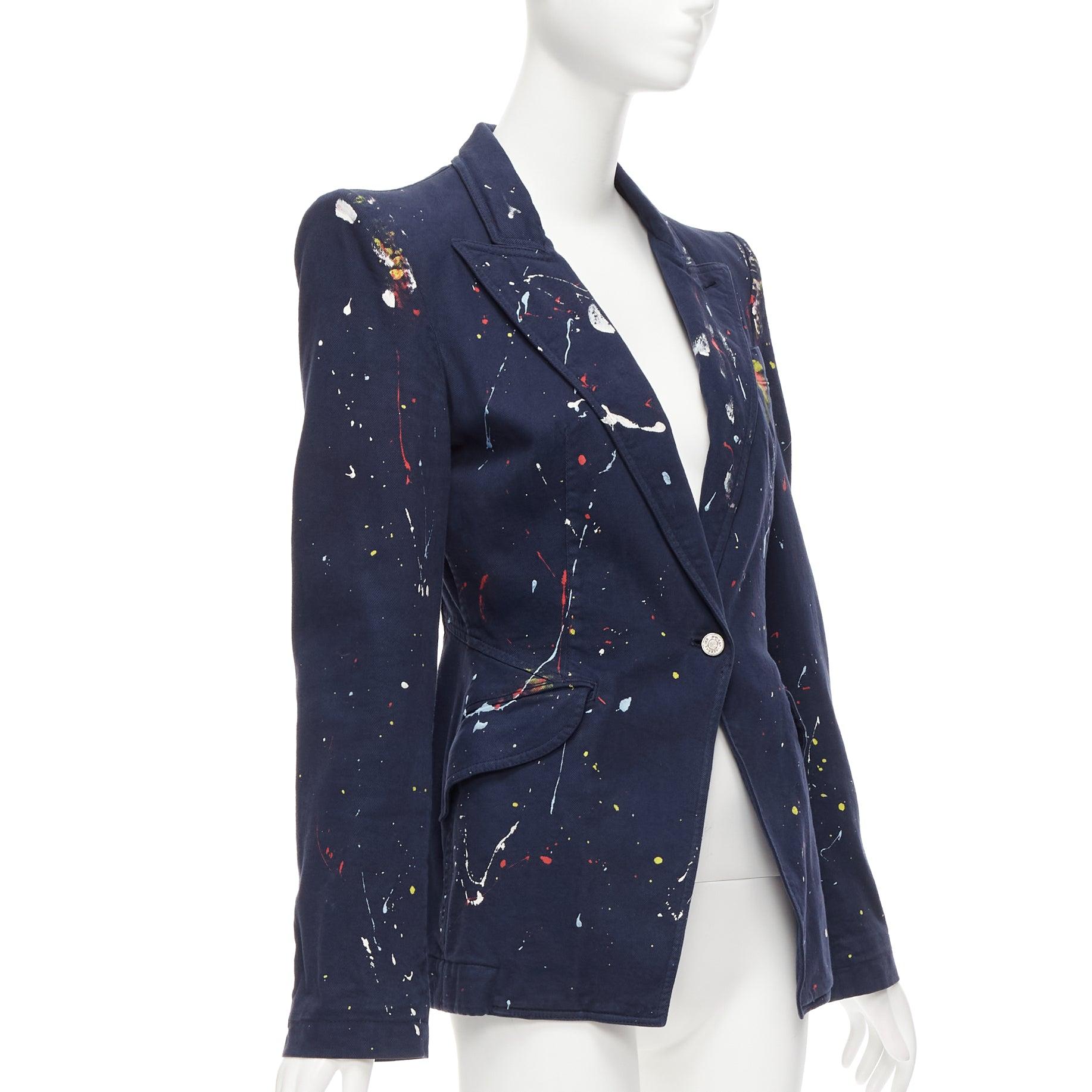 ALEXANDER MCQUEEN 2010 Runway navy paint splattered fitted blazer jacket IT42 M In Good Condition For Sale In Hong Kong, NT