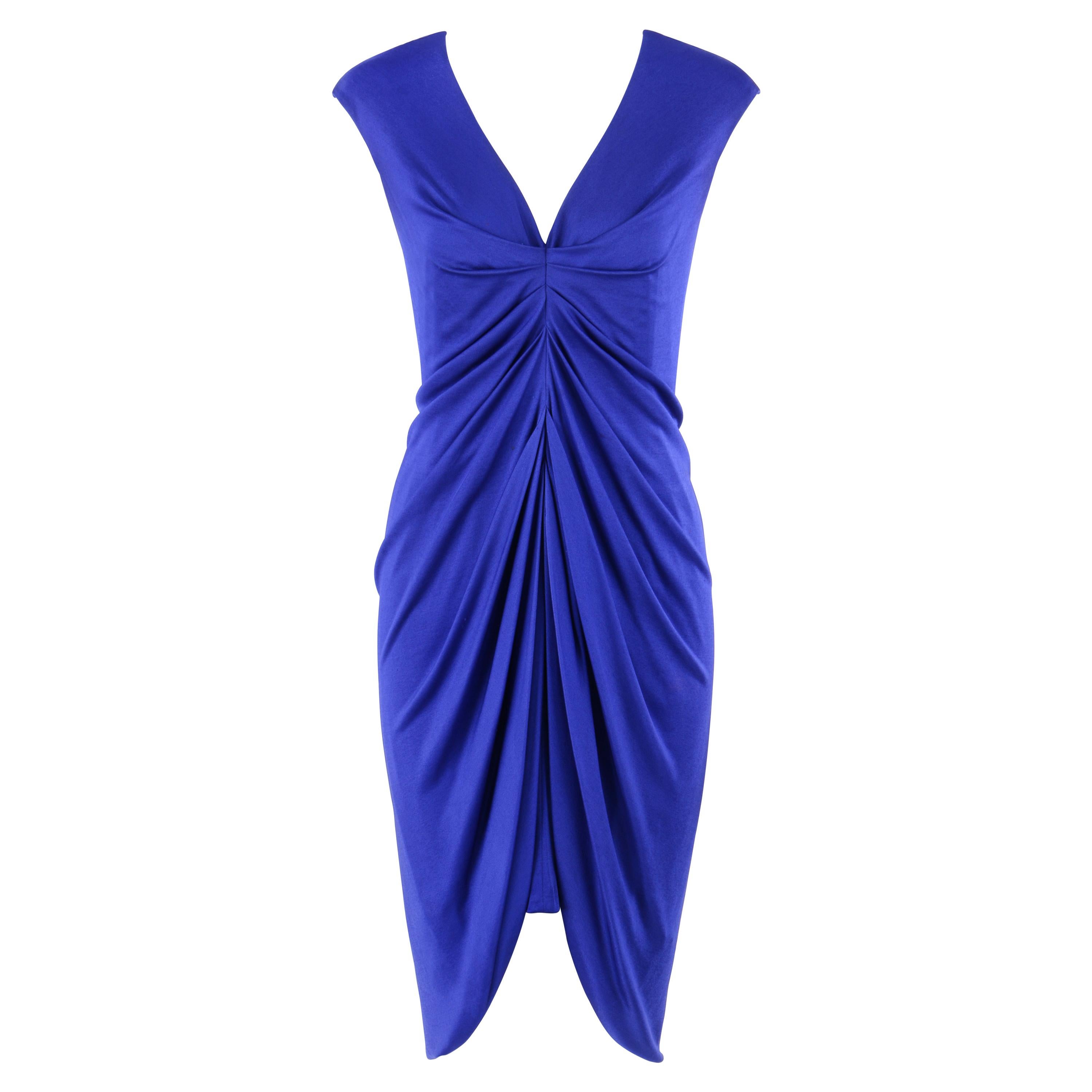ALEXANDER McQUEEN 2010 Sapphire Blue Silk High Low Ruched Body-Con Dress 