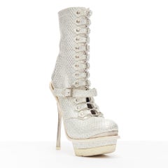 ALEXANDER MCQUEEN 2011 Runway silver scale white leather platform boots EU37.5