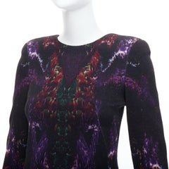 ALEXANDER MCQUEEN 2014 black purple wool blend feather print sheath dress IT38