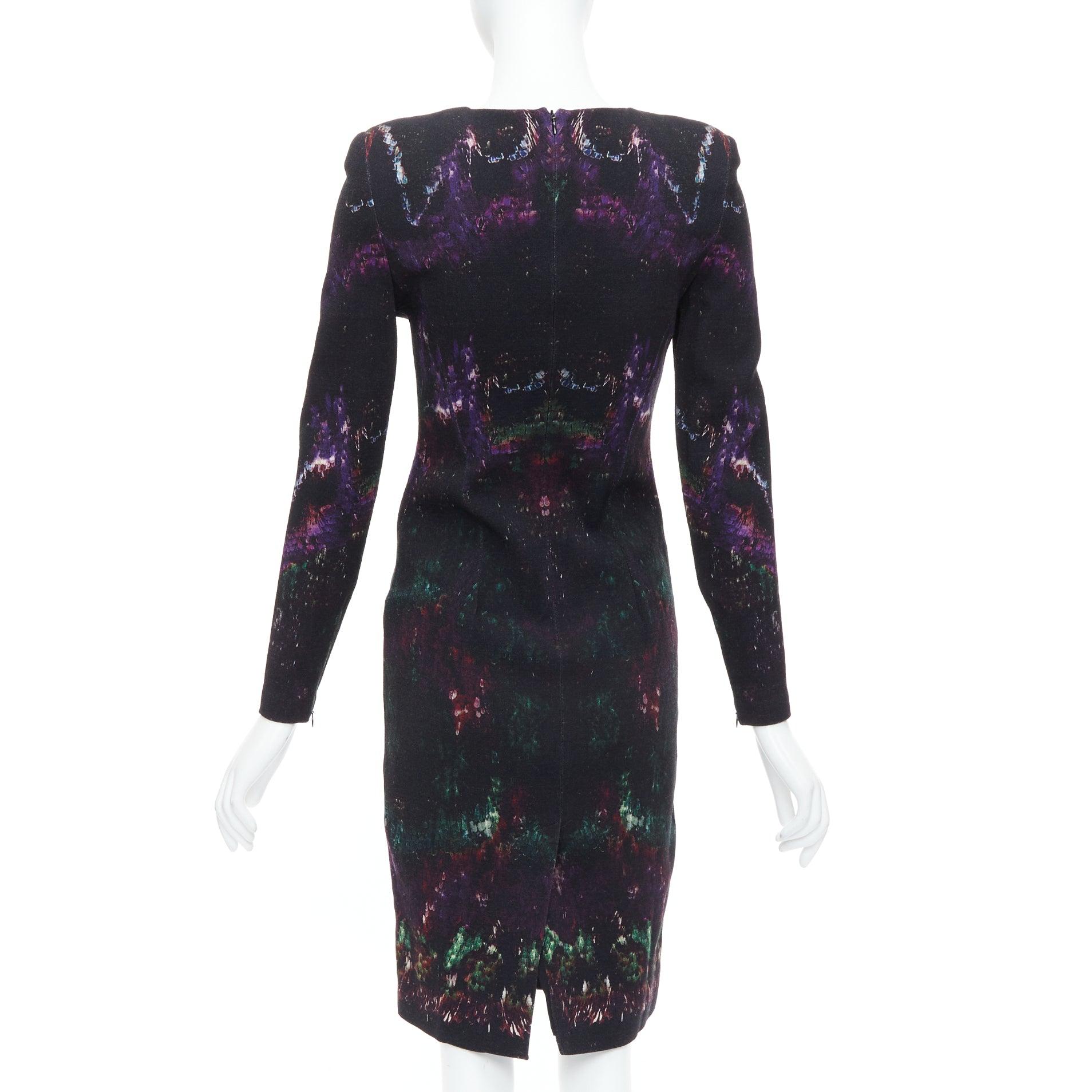 Women's ALEXANDER MCQUEEN 2014 black purple wool blend feather print sheath dress IT38 For Sale