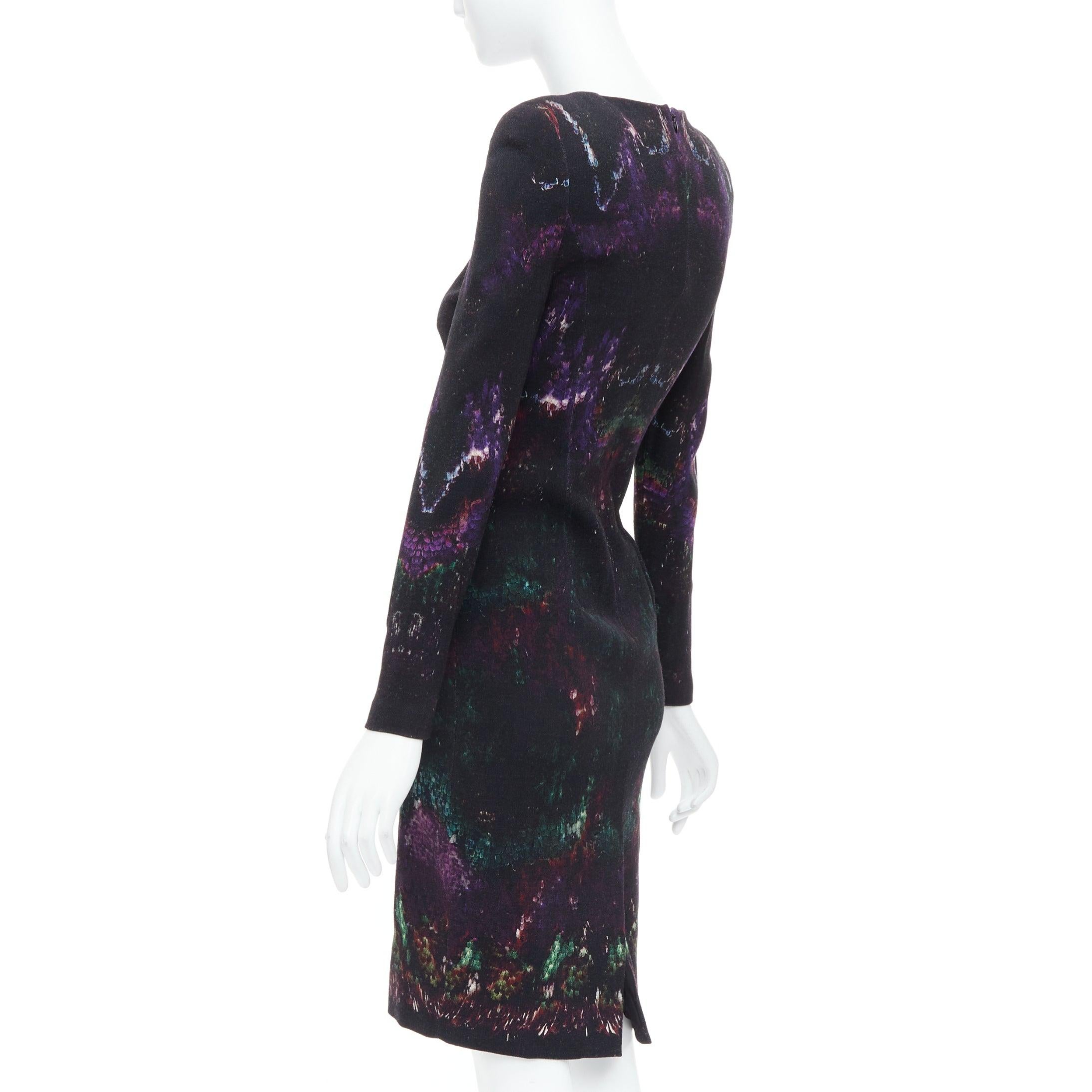 ALEXANDER MCQUEEN 2014 black purple wool blend feather print sheath dress IT38 For Sale 1