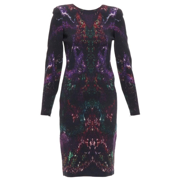 ALEXANDER MCQUEEN 2014 black purple wool blend feather print sheath dress  IT38 For Sale at 1stDibs