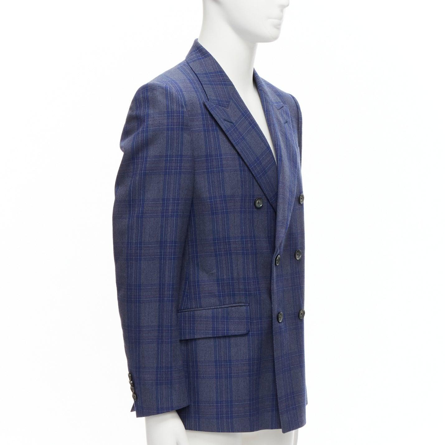 Blue ALEXANDER MCQUEEN 2014 navy blue check wool double breasted blazer IT48 M For Sale