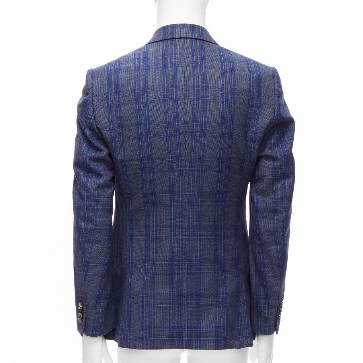 Men's ALEXANDER MCQUEEN 2014 navy blue check wool double breasted blazer IT48 M For Sale