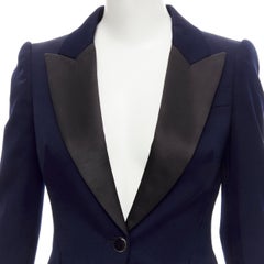 ALEXANDER MCQUEEN 2014 navy wool peak lapel enamel button tuxedo blazer IT38 XS