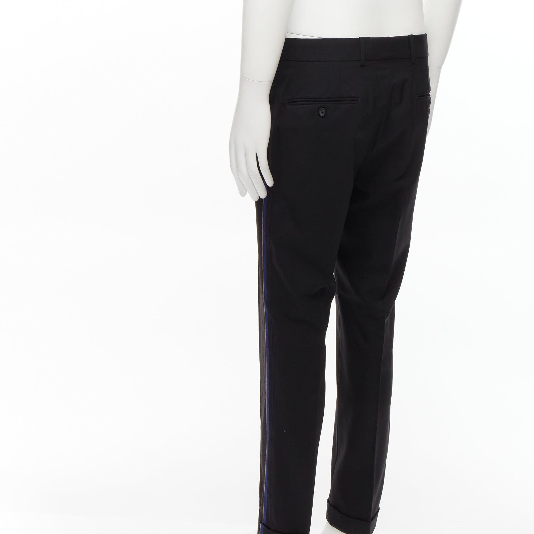 ALEXANDER MCQUEEN 2016 black wool blue trim yellow trousers pants IT48 M For Sale 1