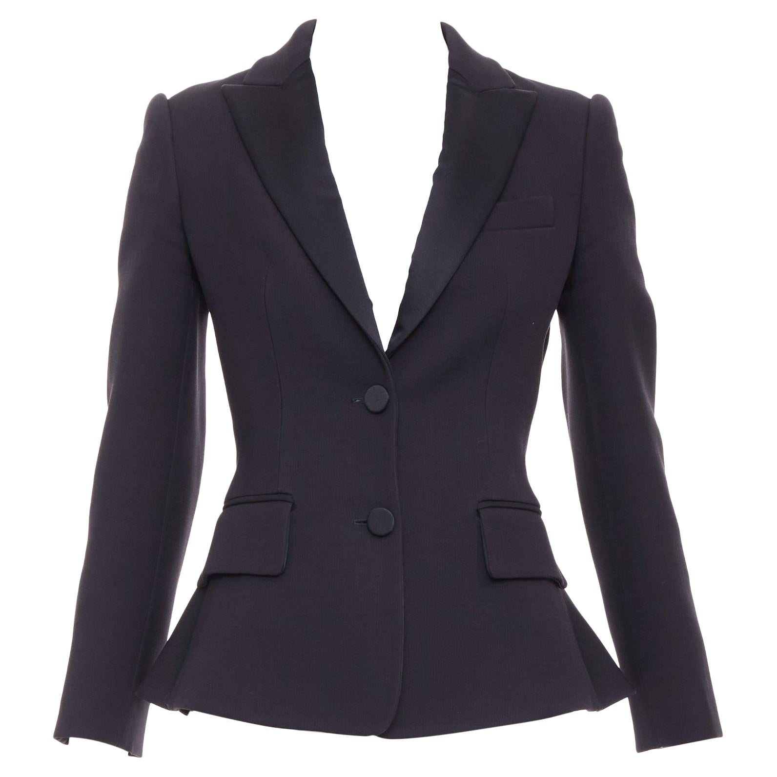 ALEXANDER MCQUEEN 2016 chaqueta blazer peplum esculpida de lana de seda negra IT38 XS