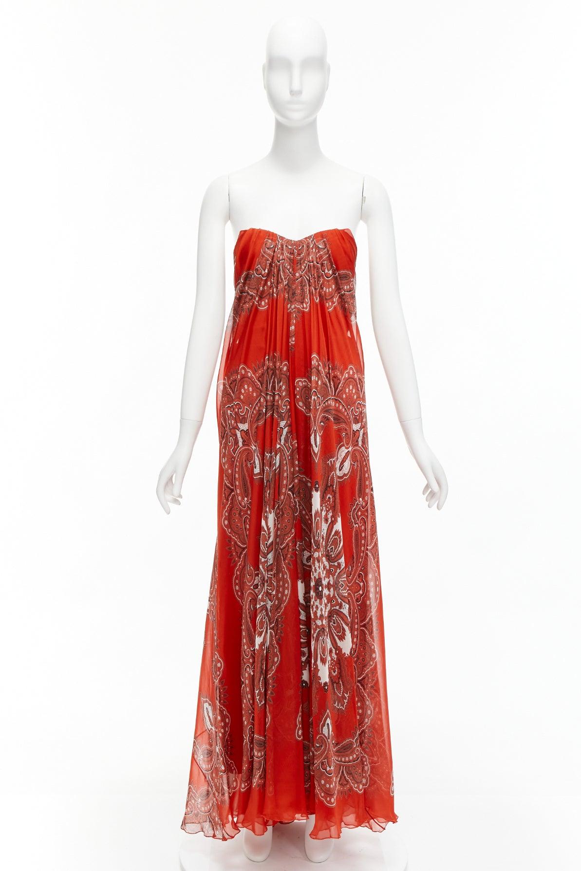 ALEXANDER MCQUEEN 2016 red 100% silk paisley strapless flowy maxi gown IT36 XXS 6