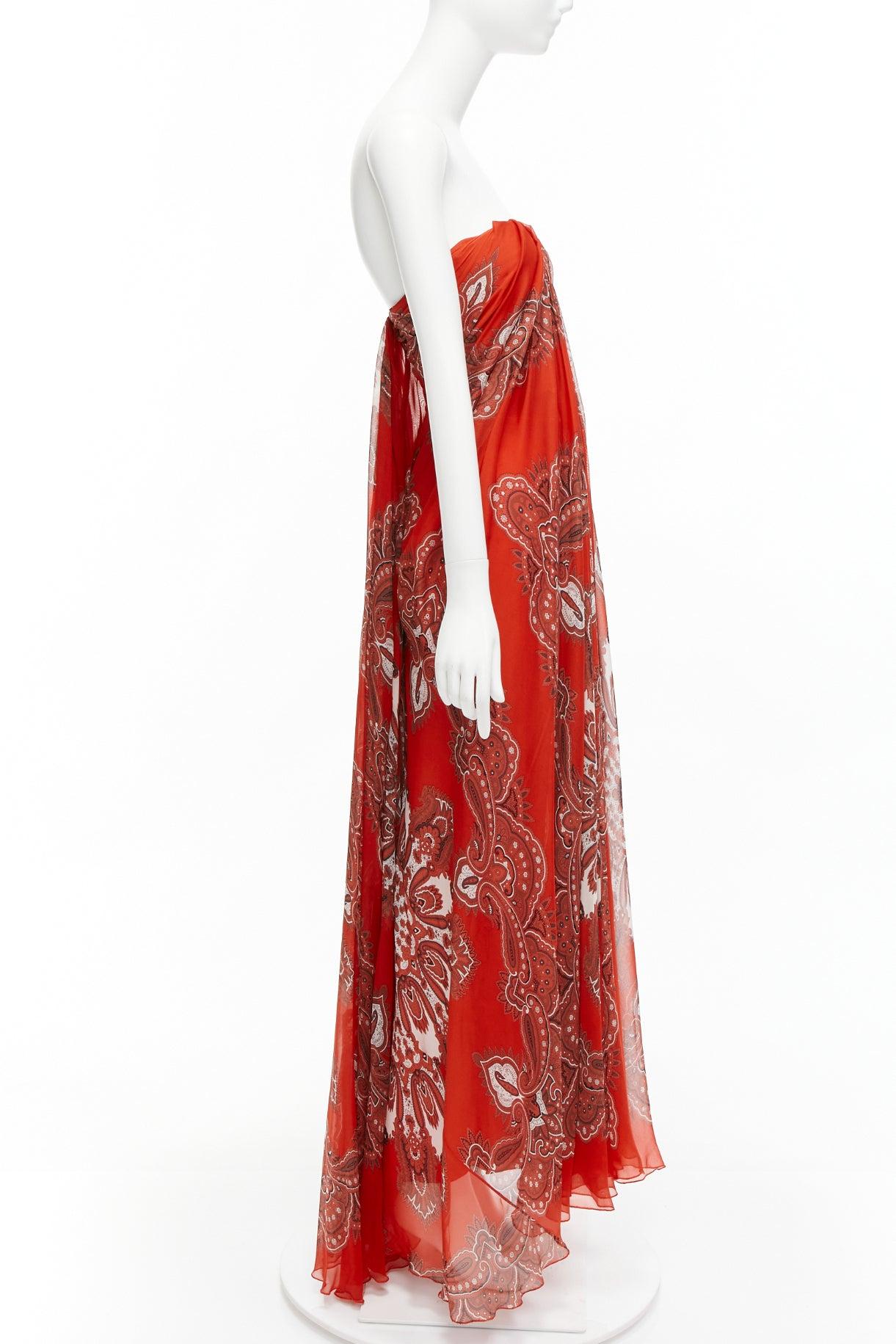 Women's ALEXANDER MCQUEEN 2016 red 100% silk paisley strapless flowy maxi gown IT36 XXS