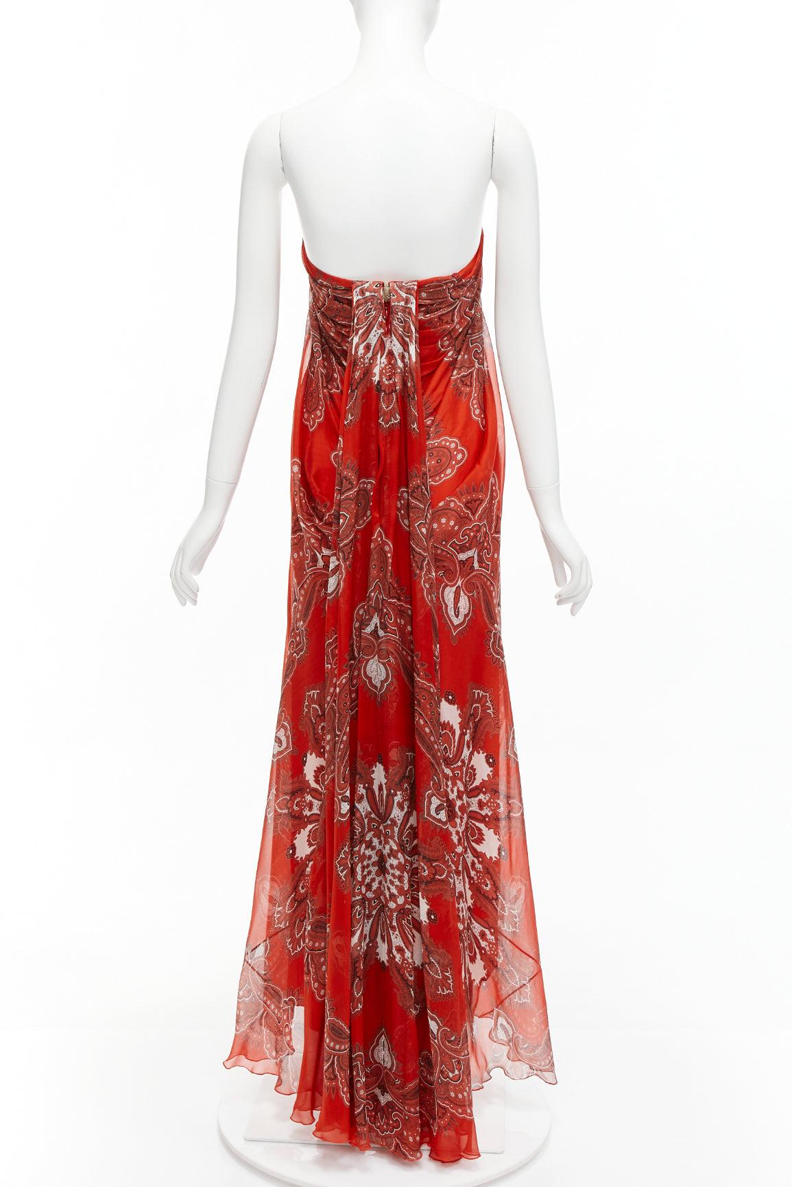 ALEXANDER MCQUEEN 2016 red 100% silk paisley strapless flowy maxi gown IT36 XXS 1