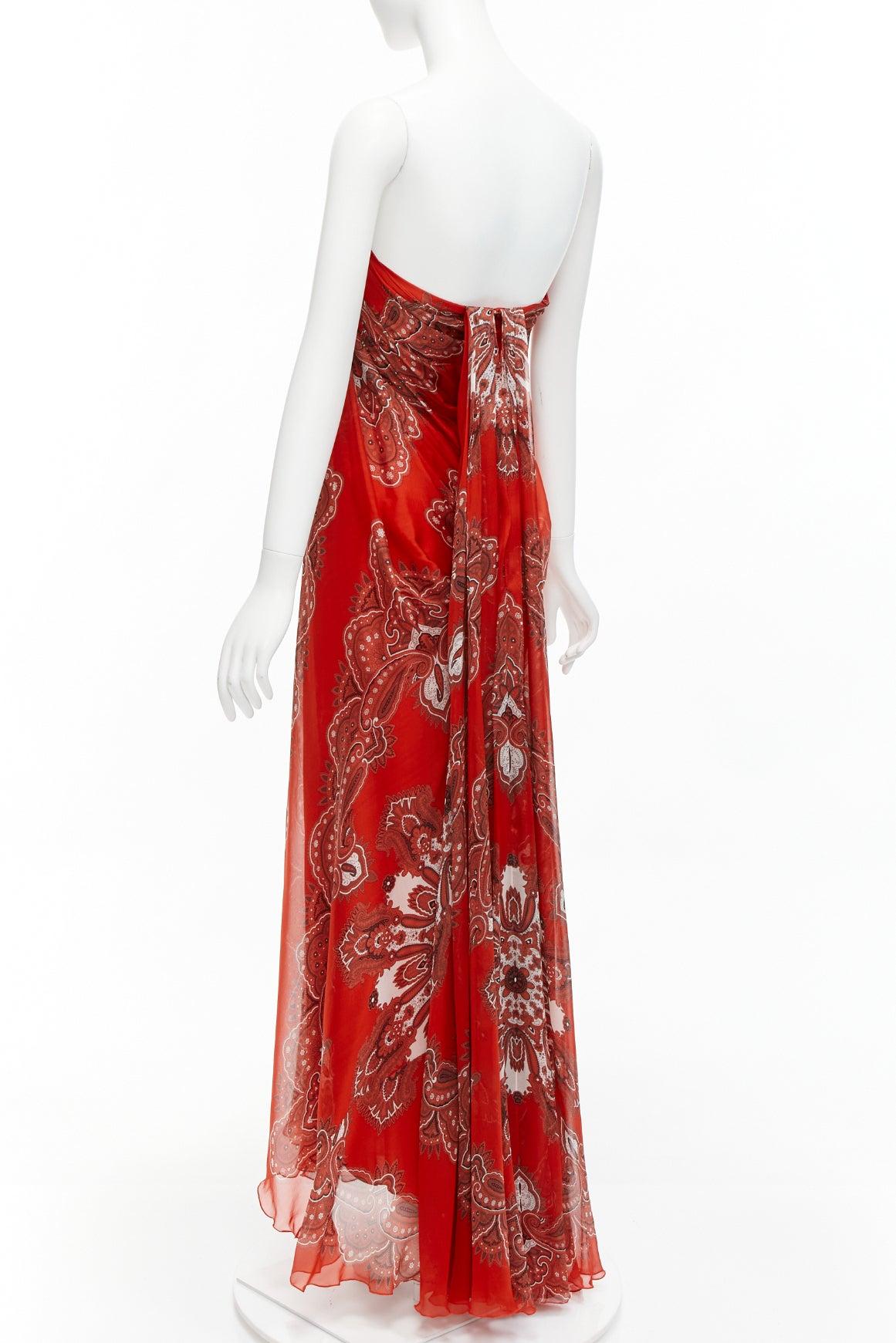 ALEXANDER MCQUEEN 2016 red 100% silk paisley strapless flowy maxi gown IT36 XXS 2