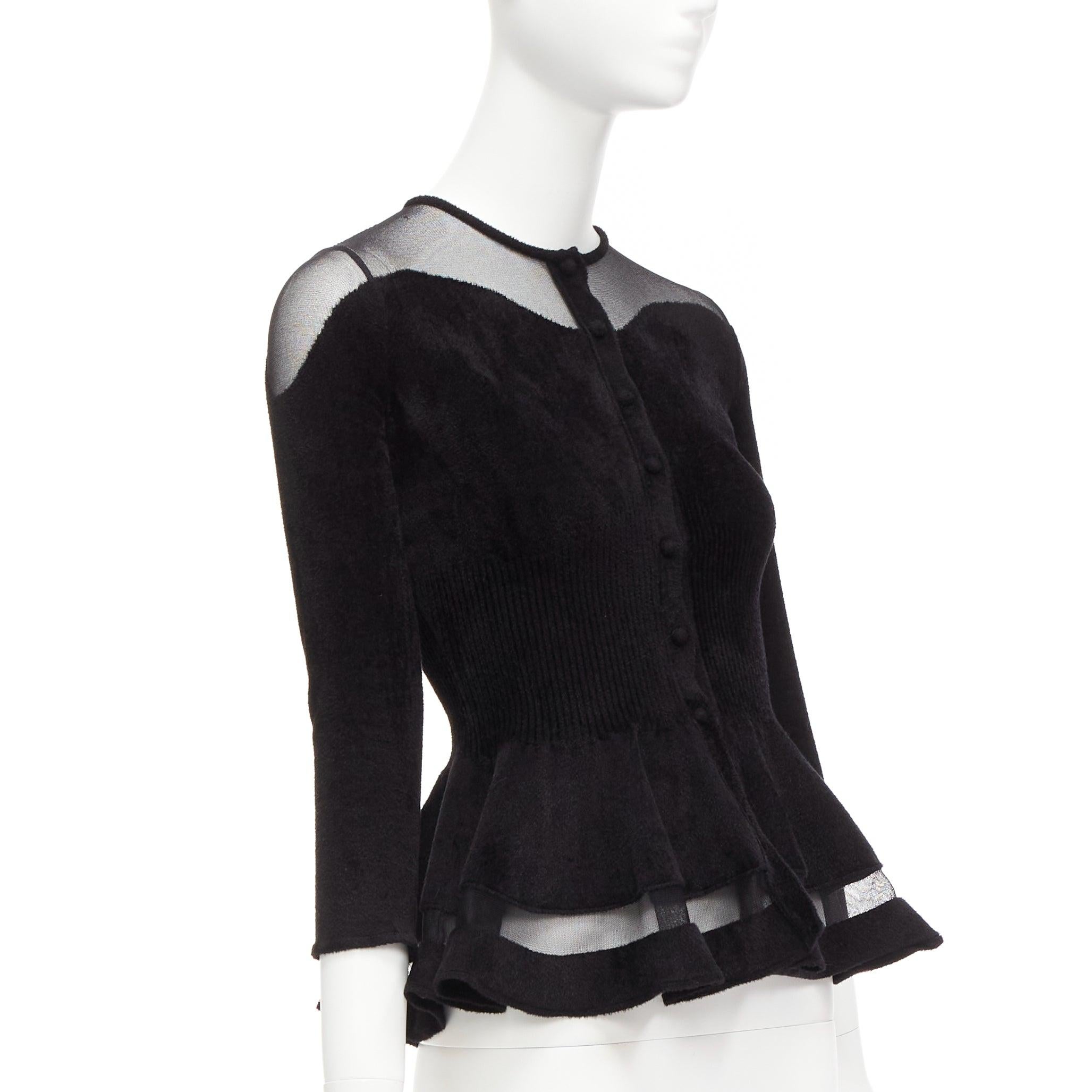 ALEXANDER MCQUEEN 2017 black chenille sheer peplum ribbed waist cardigan XS In Good Condition For Sale In Hong Kong, NT