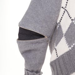 ALEXANDER MCQUEEN 2017 grey wool argyle intarsia zipper trim high low sweater S