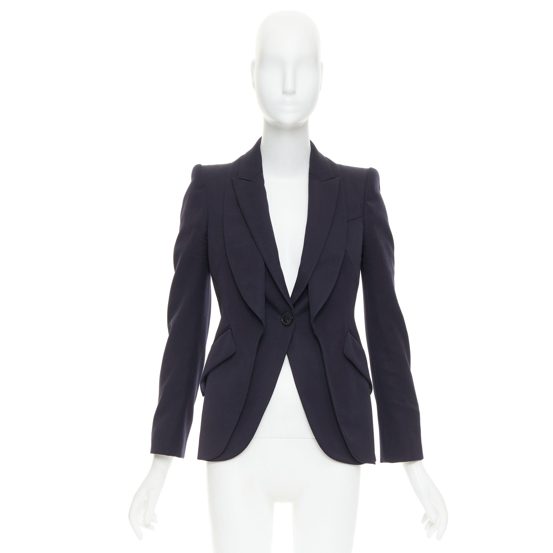 ALEXANDER MCQUEEN 2017 navy wool layered double collar blazer jacket IT38 XS For Sale 5