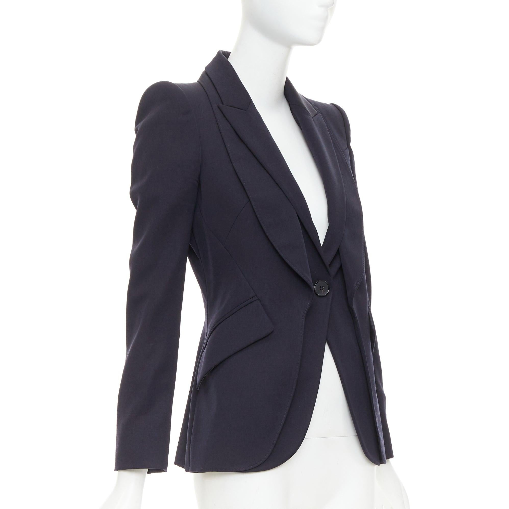 ALEXANDER MCQUEEN 2017 navy wool layered double collar blazer jacket IT38 XS In Good Condition For Sale In Hong Kong, NT