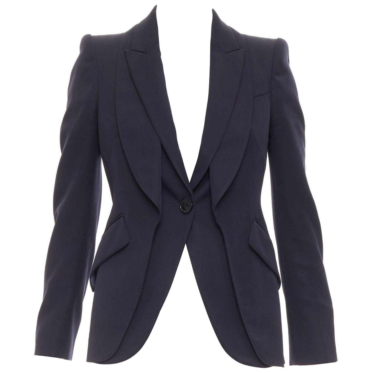 ALEXANDER MCQUEEN 2017 navy wool layered double collar blazer jacket IT38 XS For Sale