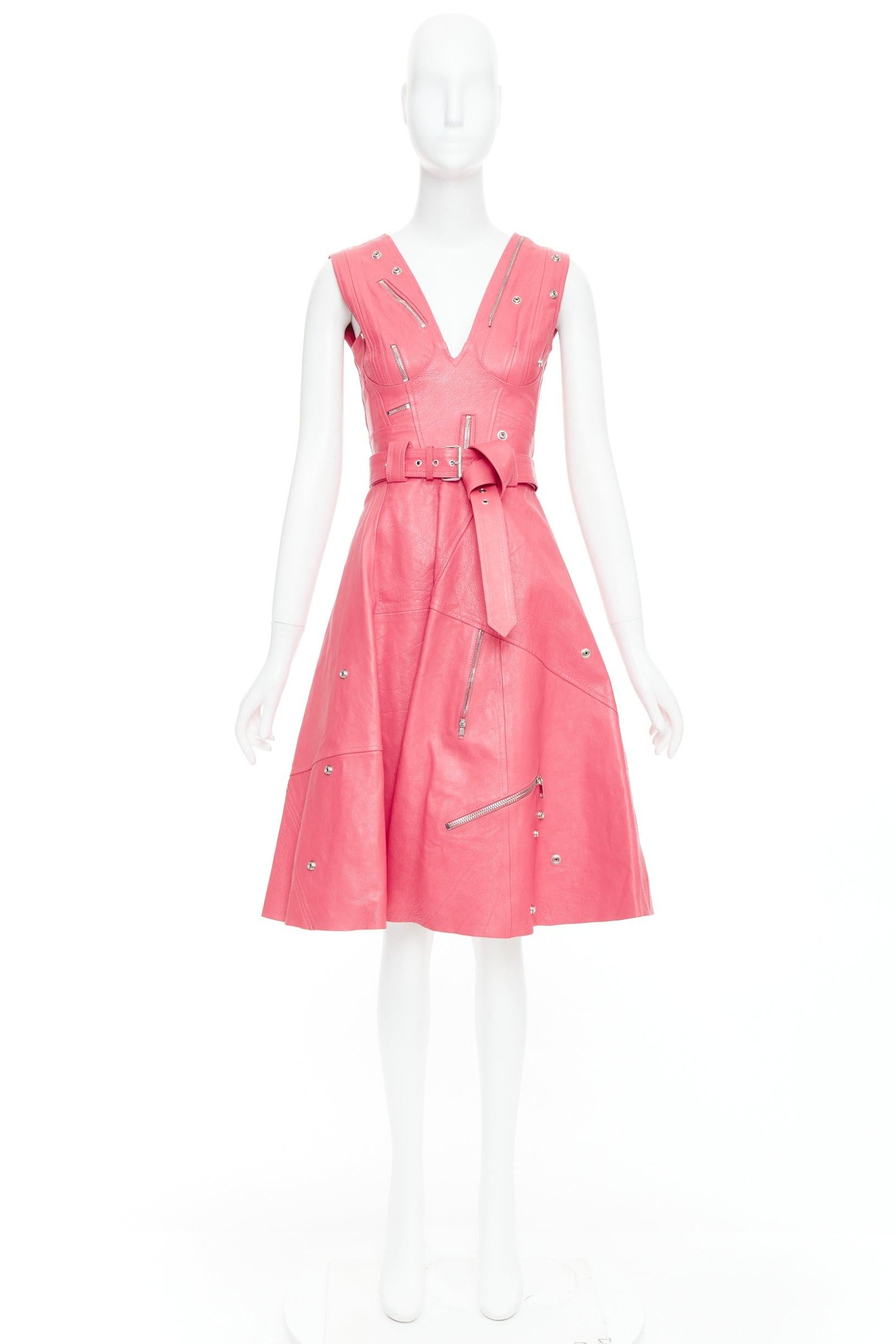ALEXANDER MCQUEEN 2017 Runway fuchsia pink leather biker zip dress IT36 XXS For Sale 8