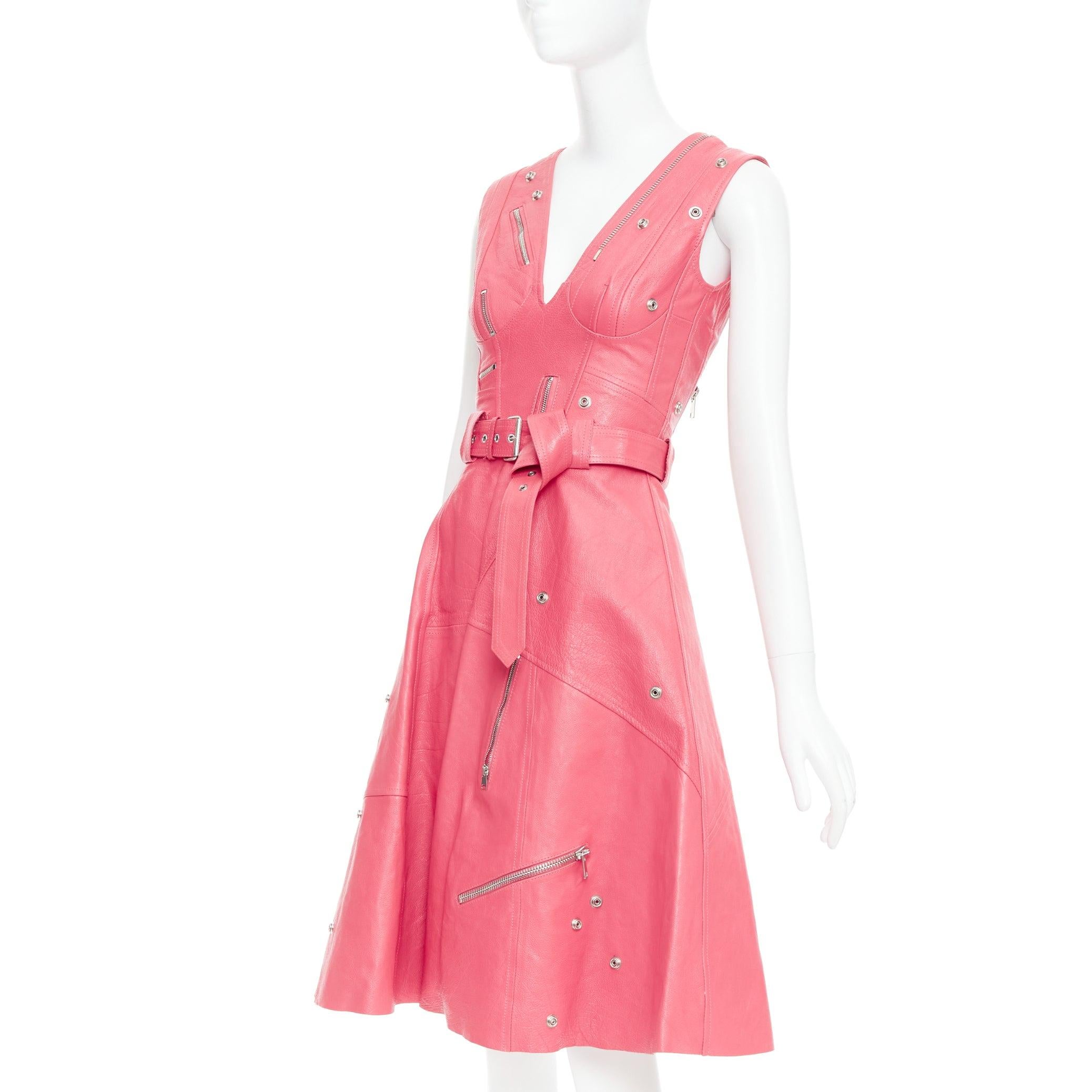 ALEXANDER MCQUEEN 2017 Runway fuchsia pink leather biker zip dress IT36 XXS For Sale 1