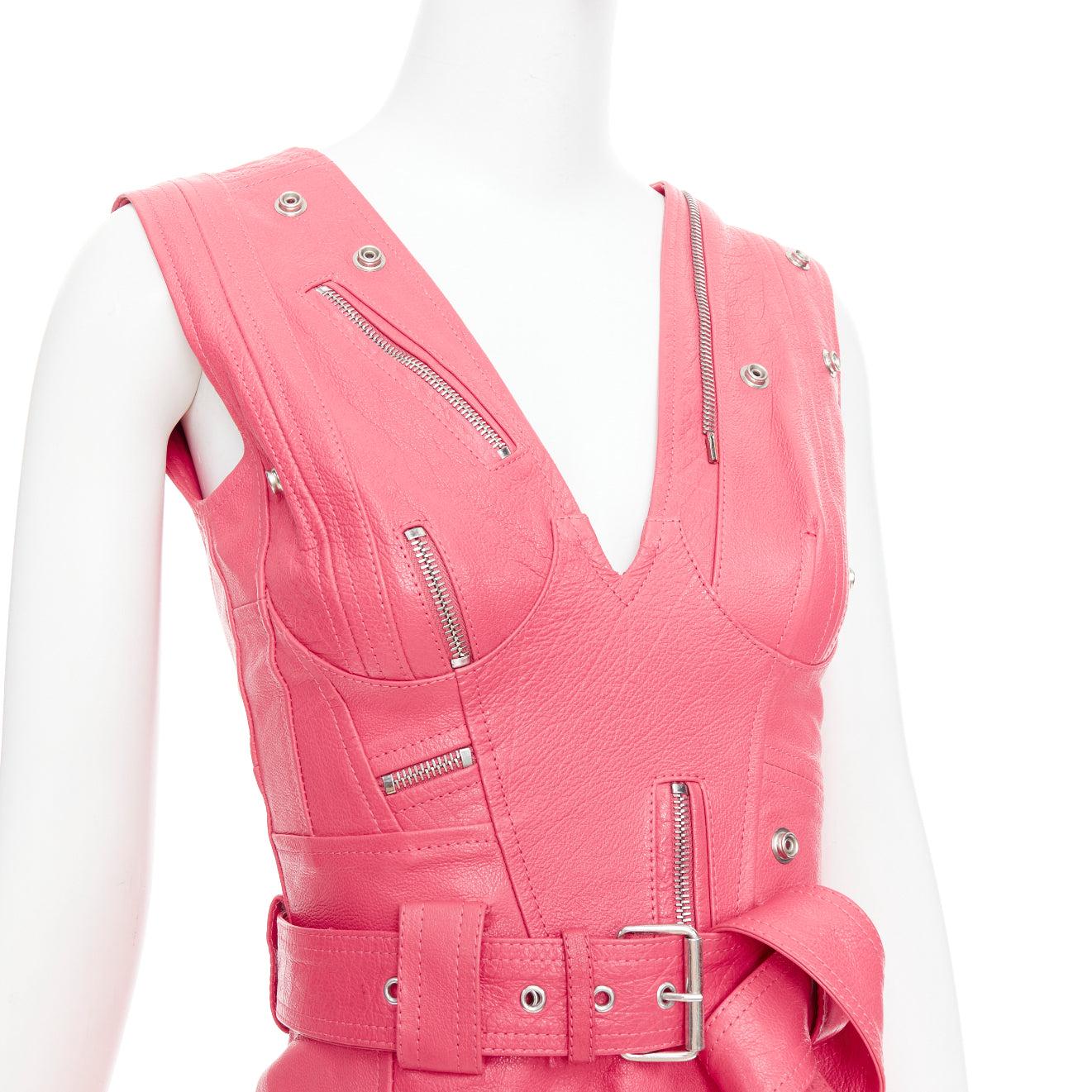ALEXANDER MCQUEEN 2017 Runway fuchsia pink leather biker zip dress IT36 XXS For Sale 2