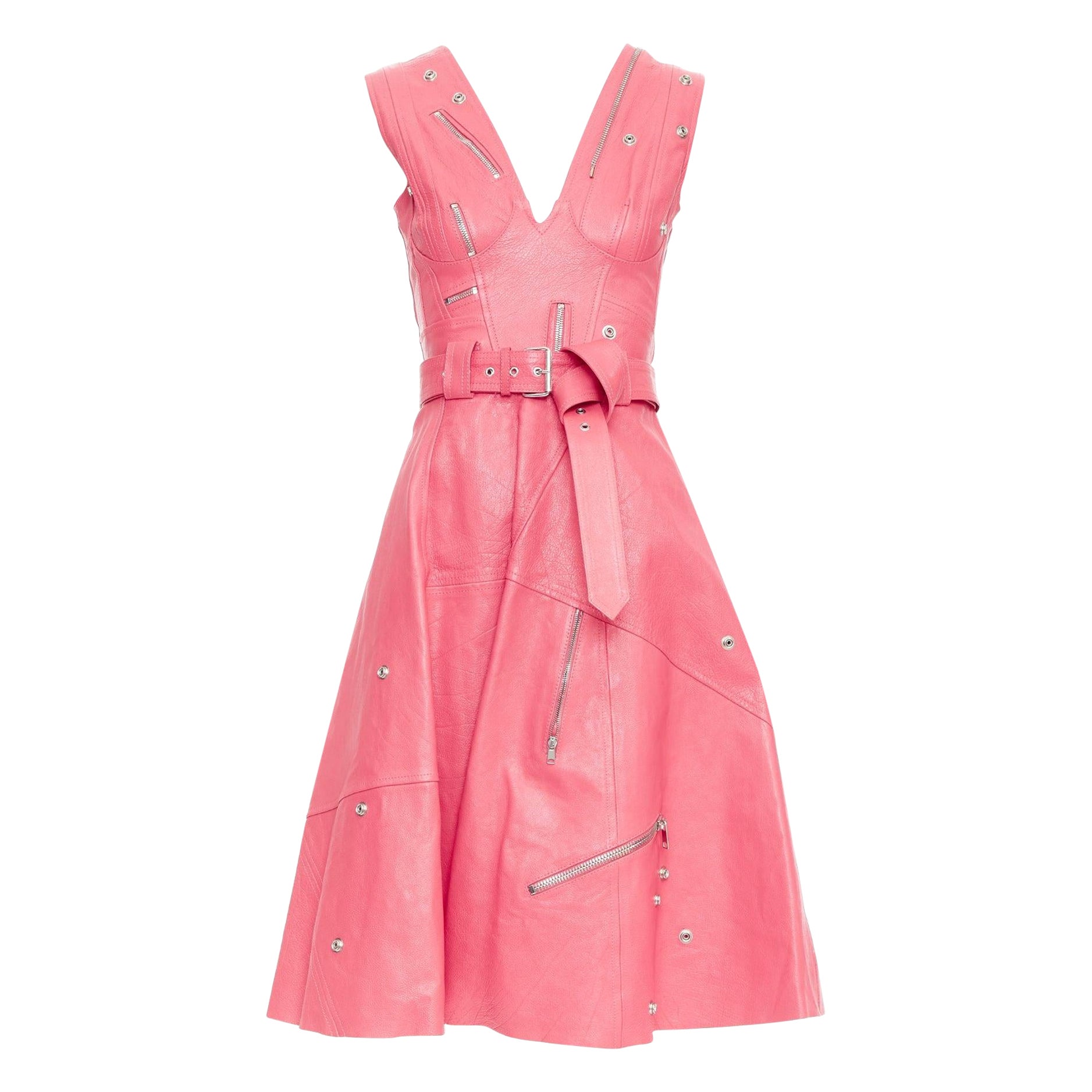 ALEXANDER MCQUEEN 2017 Runway robe zippée en cuir rose fuchsia biker IT36 XXS