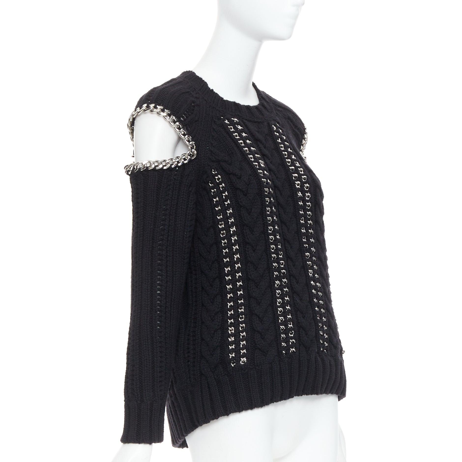 Black ALEXANDER MCQUEEN 2018 100% cashmere silver chain cold shoulder sweater S For Sale