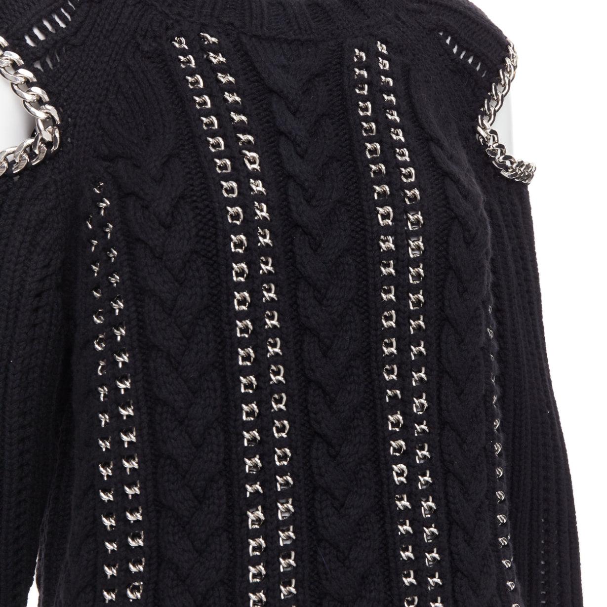 ALEXANDER MCQUEEN 2018 100% cashmere silver chain cold shoulder sweater S For Sale 2