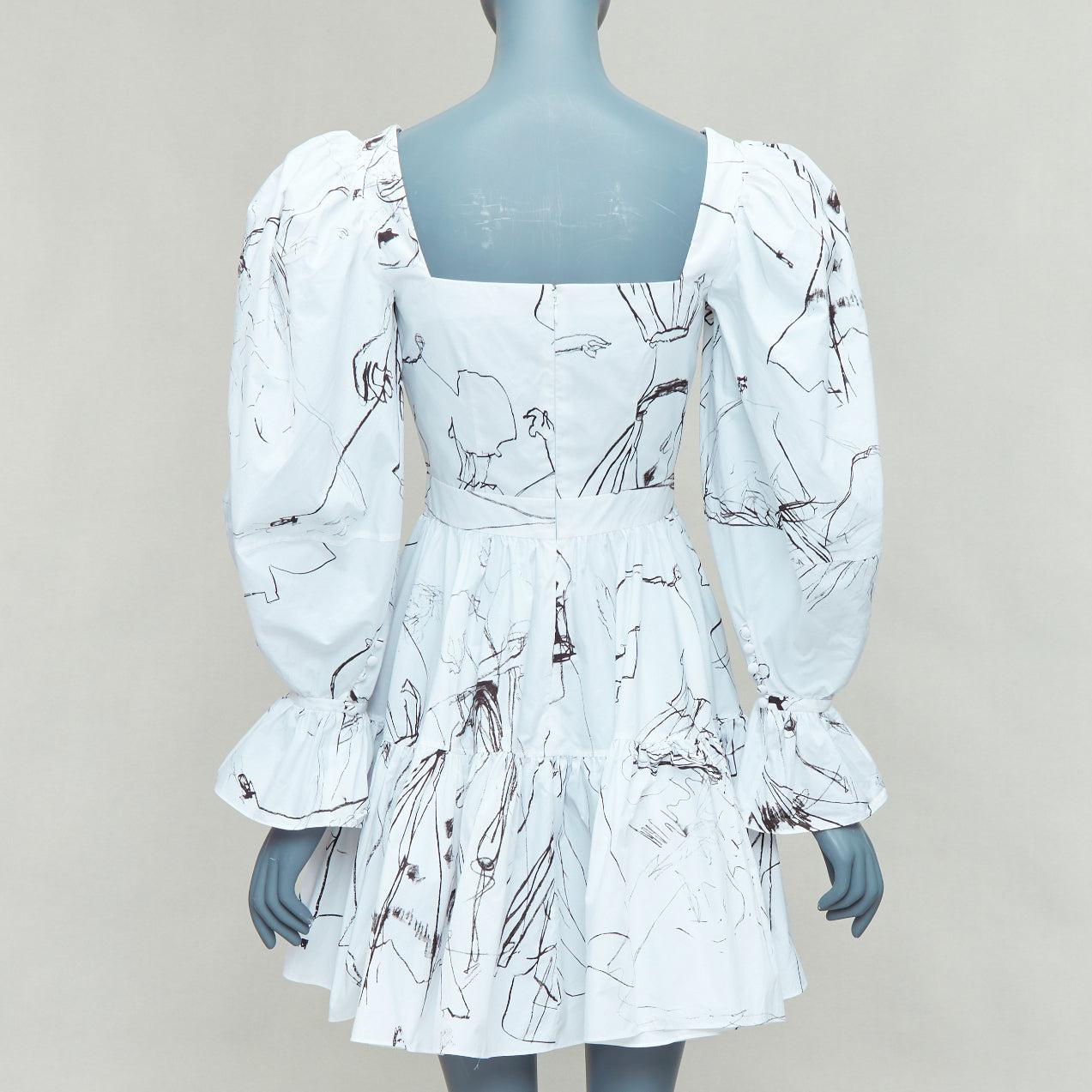 De las mujeres ALEXANDER MCQUEEN 2019 vestido negro de manga abullonada con estampado de ilustración de bocetos IT38 XS en venta