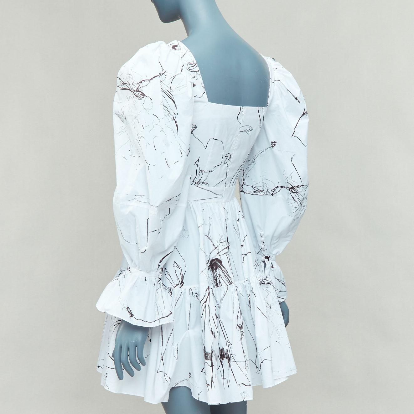 ALEXANDER MCQUEEN 2019 vestido negro de manga abullonada con estampado de ilustración de bocetos IT38 XS en venta 1
