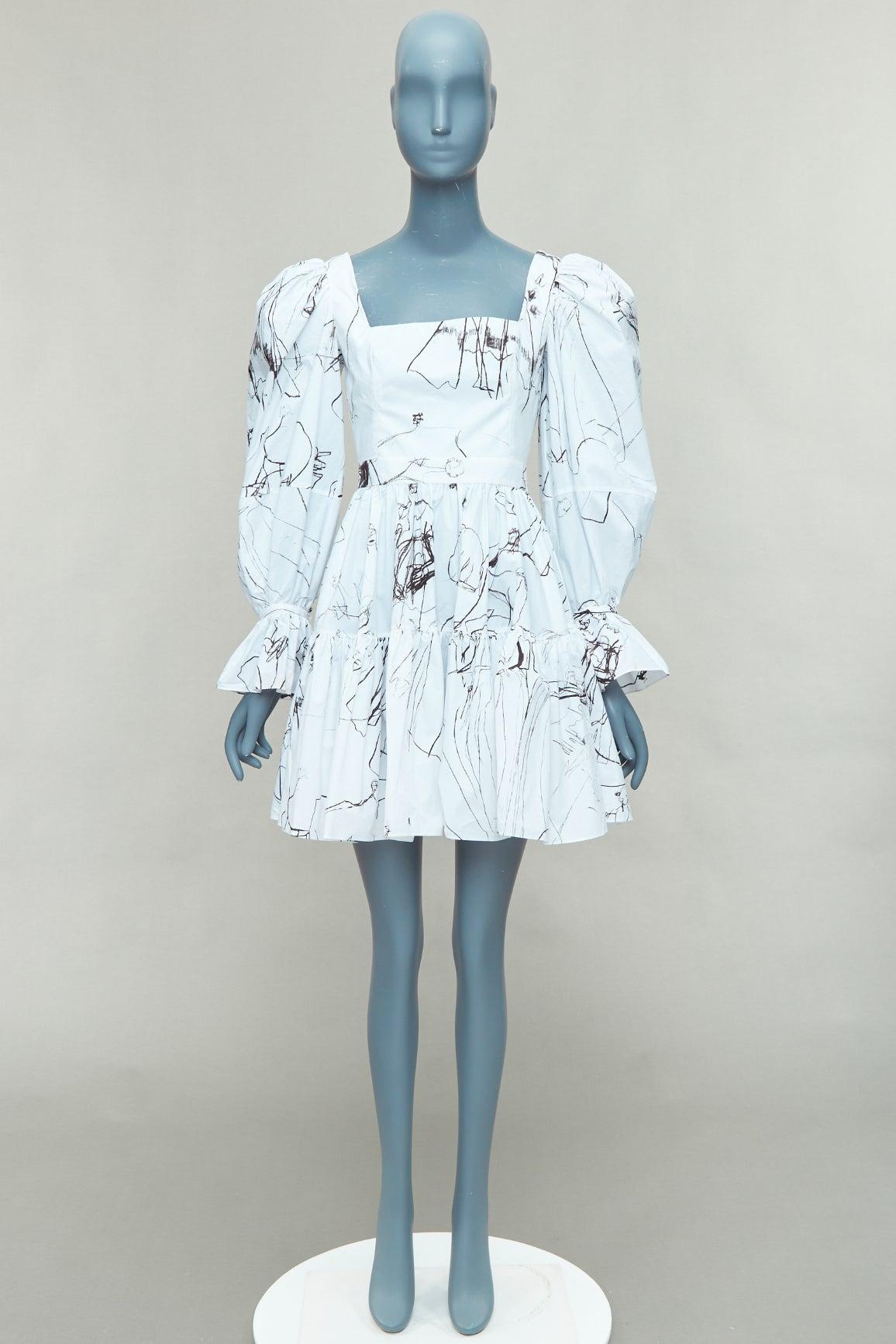 ALEXANDER MCQUEEN 2019 vestido negro de manga abullonada con estampado de ilustración de bocetos IT38 XS en venta 4