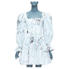 ALEXANDER MCQUEEN 2019 vestido negro de manga abullonada con estampado de ilustración de bocetos IT38 XS