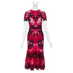 ALEXANDER MCQUEEN 2019 red pink blurred rose jacquard crop top skirt set S