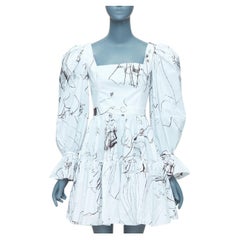 ALEXANDER MCQUEEN 2019 sketch illustration print puff sleeve dress IT38 XS