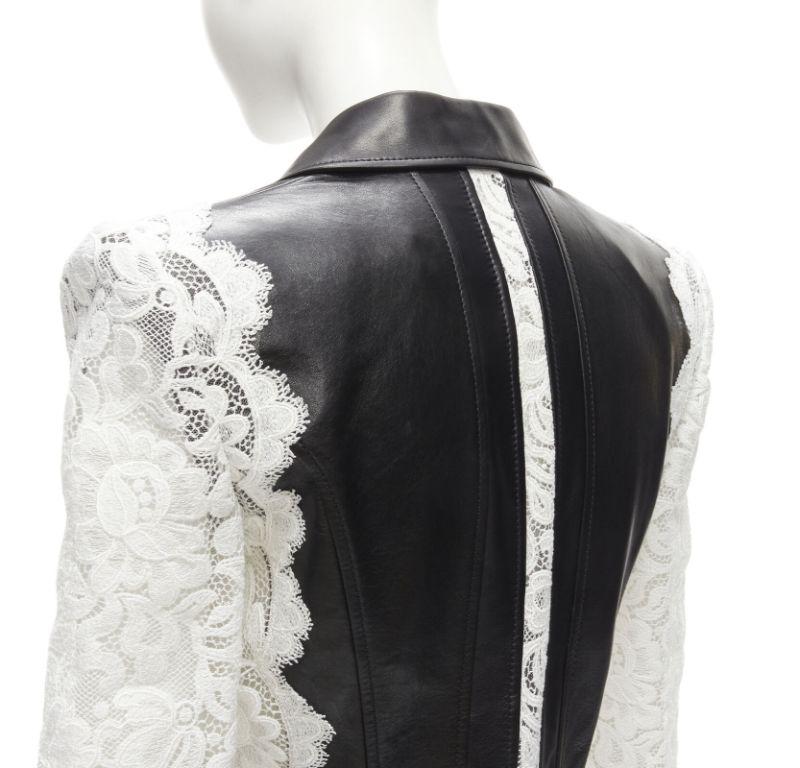 ALEXANDER MCQUEEN 2020 black lamb leather white lace trim blazer jacket IT38 XS
Reference: AAWC/A00336
Brand: Alexander McQueen
Designer: Sarah Burton
Collection: 2020 - Runway
Material: Lambskin Leather, Lace
Color: Black, White
Pattern: