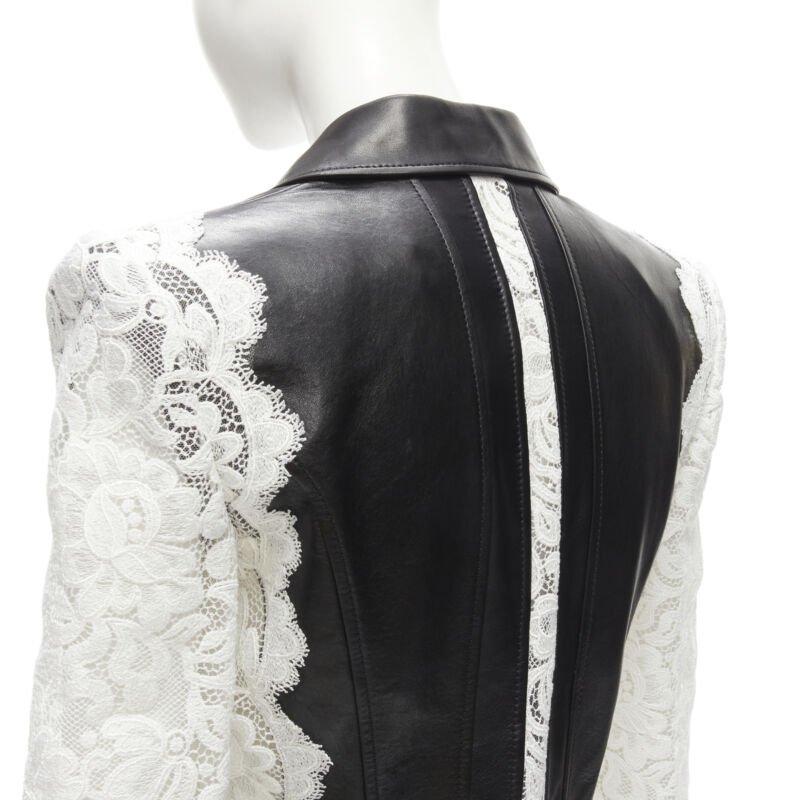 ALEXANDER MCQUEEN 2020 black lamb leather white lace trim blazer jacket IT38 XS
Reference: AAWC/A00336
Brand: Alexander McQueen
Designer: Sarah Burton
Collection: 2020 - Runway
Material: Lambskin Leather, Lace
Color: Black, White
Pattern: