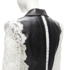 ALEXANDER MCQUEEN 2020 black lamb leather white lace trim blazer jacket IT38 XS